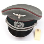 A good Third Reich Army officer's visor cap, with “Bordeaux red” piping for smoke troops,