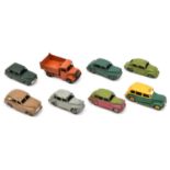 7 Dinky Toys. Austin Taxi in yellow and green with yellow wheels. Morris Oxford in leaf green with
