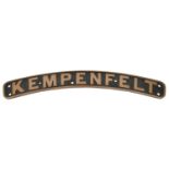A reproduction locomotive nameplate KEMPENFELT. A cast brass plate with black painted background