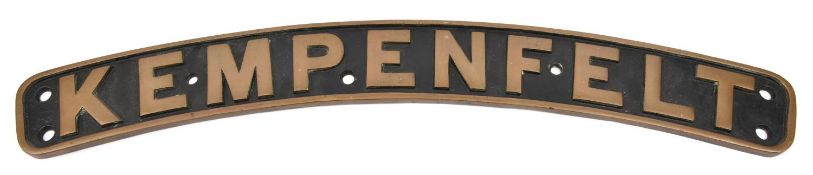 A reproduction locomotive nameplate KEMPENFELT. A cast brass plate with black painted background