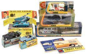 5 Corgi Toys. Riley Pathfinder Police Car (209) in black. Lotus Elan (318) in light metallic blue.
