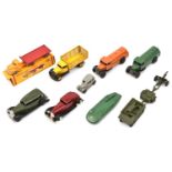 9 Dinky Toys. 2x Petrol Tank Wagons, one in orange and one in green. Market Gardeners Wagon, 30