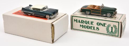 2 White metal 1/43 scale models. A Marque One Models 1949 Mercury Town & Country in dark green