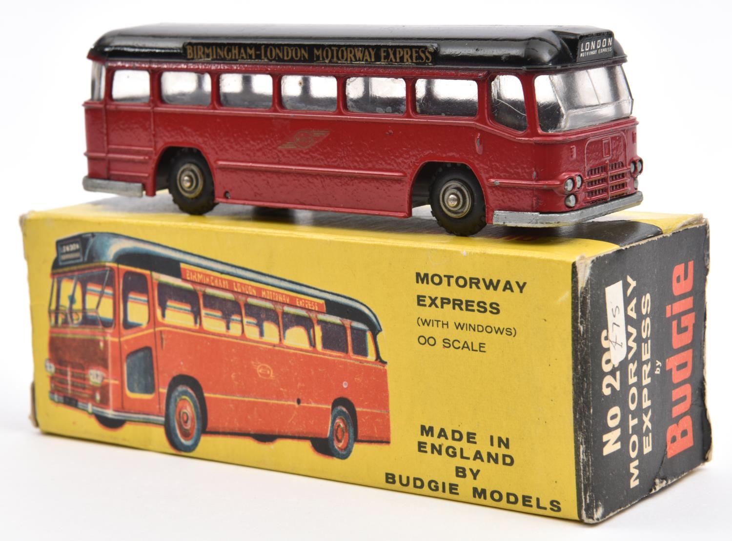 A Budgie Toys Motorway Express (296). In red with black roof, example with 'Birmingham-London
