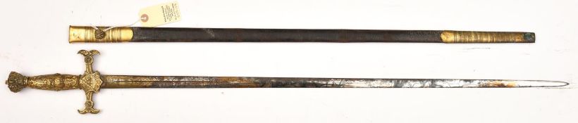 A Vic masonic sword, DE blade 32”, with short central fuller, by “Reeves, Maker, Birmingham”, etched