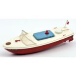 A Sutcliffe tinplate electric MERLIN Speed Boat. In off white and red livery, with blue hatch cover,