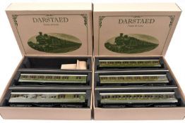 5x Darstaed tinplate O Gauge Southern Railway suburban coaches. A Full First, 2x Full Thirds and