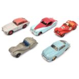 5 Dinky Toys. Jaguar XK120, in cerise and sky blue with cerise wheels. Porsche 356a in light blue