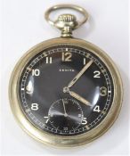 DH marked Zenith pocket watch. Plated case, 51mm diameter, screw back with three indents for case