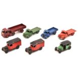 7 Dinky Toys. 2x Royal Mail Van (34b), in red and black with black wheels. Taxi (36g), in green