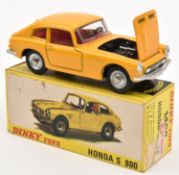 A French Dinky Toys Honda S800 (1408). In orange with black tyres and plated wheels. Boxed, some