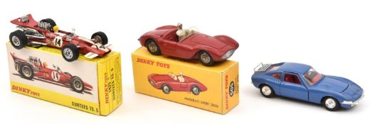 3 French Dinky Toys. Surtees TS5 (1433) single seat racing car in red complete with driver, RN14,