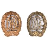 A Third Reich DRL State Sports badge, with swastika, in bronze, by Wernstein, Jena; and another,