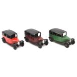 3 Dinky Toys. 3x Taxi (36g). An open rear window example in green and black, with black wheels. Plus