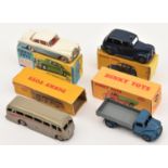 3 Repainted Dinky Toys. Austin FX3 Taxi (40H). Dodge Rear Tipping Wagon (414). Luxury Coach (281).