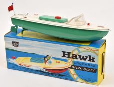 A Sutcliffe clockwork tinplate HAWK speed boat/motor launch. In white and green, complete with