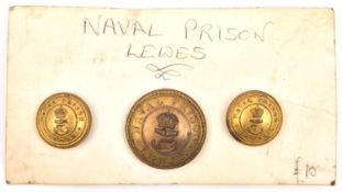 Three very rare gilt buttons for Lewes Naval Prison, comprising one large and two small, bearing