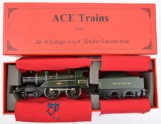 An ACE Trains O Gauge Southern Railway 4-4-0 tender locomotive, 2006, in lined gloss green livery.