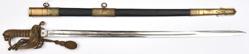 A post 1902 R Naval officer's sword, slightly curved, fullered blade 31½”, marked “W. Hartley &