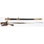 A post 1902 R Naval officer's sword, slightly curved, fullered blade 31½”, marked “W. Hartley &