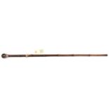 A darkwood bamboo presentation walking cane, banded agate ball top, in plain silver coronet mount,