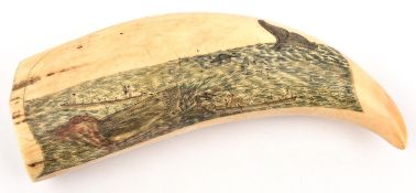 A fine early 19th Century sailorwork scrimshaw decorated whale's tooth. With detailed coloured