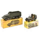 2 French Dinky Military. Jeep Porte-Fusees (828), complete. Plus a Half-Track M3 (822). Missing