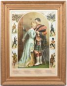 A coloured print “Twixt Love and Duty”, a Highlander in full dress parting from his lady love,