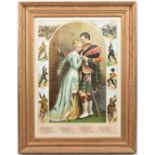 A coloured print “Twixt Love and Duty”, a Highlander in full dress parting from his lady love,