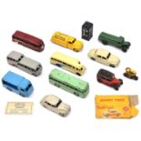 12 Dinky Toys. Studebaker Tanker, National, Luxury Coach, Observation Coach, Half Cab Bus, Taxi,