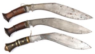 2 similar military style kukris, blades 12½”, steel mounted darkwood grips with slender lozenge