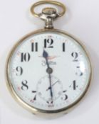 Zentra pocketwatch. Plated case, hinged back, 57mm diameter. Dial has 24-hour markings in addition