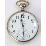 Zentra pocketwatch. Plated case, hinged back, 57mm diameter. Dial has 24-hour markings in addition