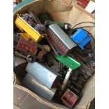 A box of Hornby model railway items