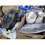 2 boxes of misc pottery, ceramics and household items to include home phones, salter, etc