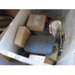 A large box of misc garage ware to include chromed mirrors, misc tools, car radios, etc