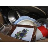 A box of misc kitchenware to include enamelware