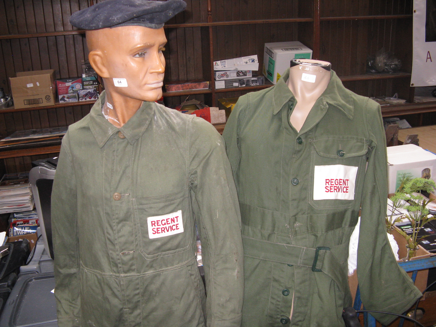 2 tailors dummies wearing overalls