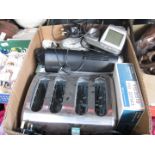 A box of electrical items to include 4 side toaster, Alba digital set top box, home phone, etc