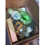 Box with green glass bowl, some Maling pottery etc.