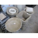 3 pairs of garden planters, a pedestal planter and a pedestal bird bath