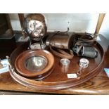 A mahogany twin handled tray, small round mirror, cased Carl Zeiss Jena binoculars and silver plated