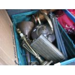 A box of assorted brass and copper ware