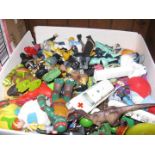 A box of toy figures and die cast cars etc