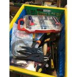 A box of tools and garageware incl callipers etc