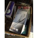 A box of kitchen items to include Kenwood electric knife, microwave steamer, etc