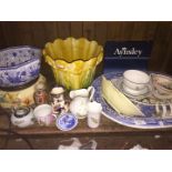 Shelf of pottery inc. blue and white platter and majolica style jardiniere