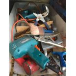 A large plastic box containing various tools to include Black & Decker drill, etc