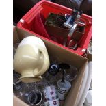 2 boxes of glassware, jugs, bowl, a fruit press, etc