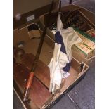 2 boxes of treen, naval flag and walking stick